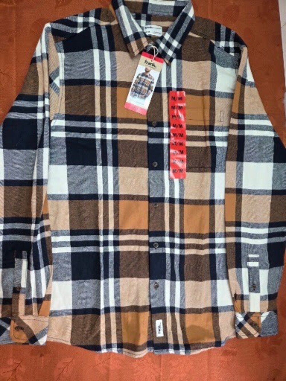 frank. Men's 100% Cotton Flannel Plaid Shirt, Brown, Size M, NWT